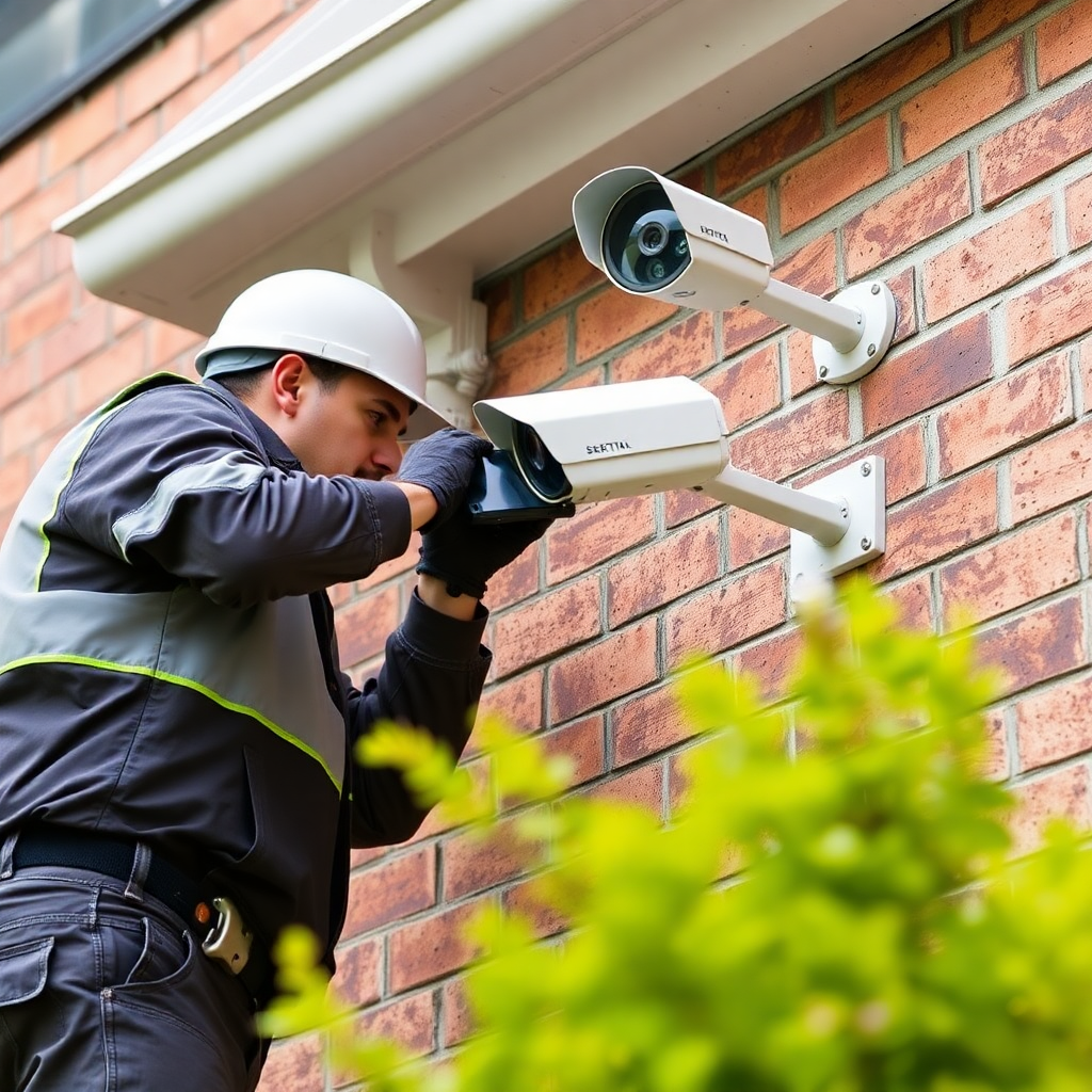 professional security camera installation on building exterior with technician working